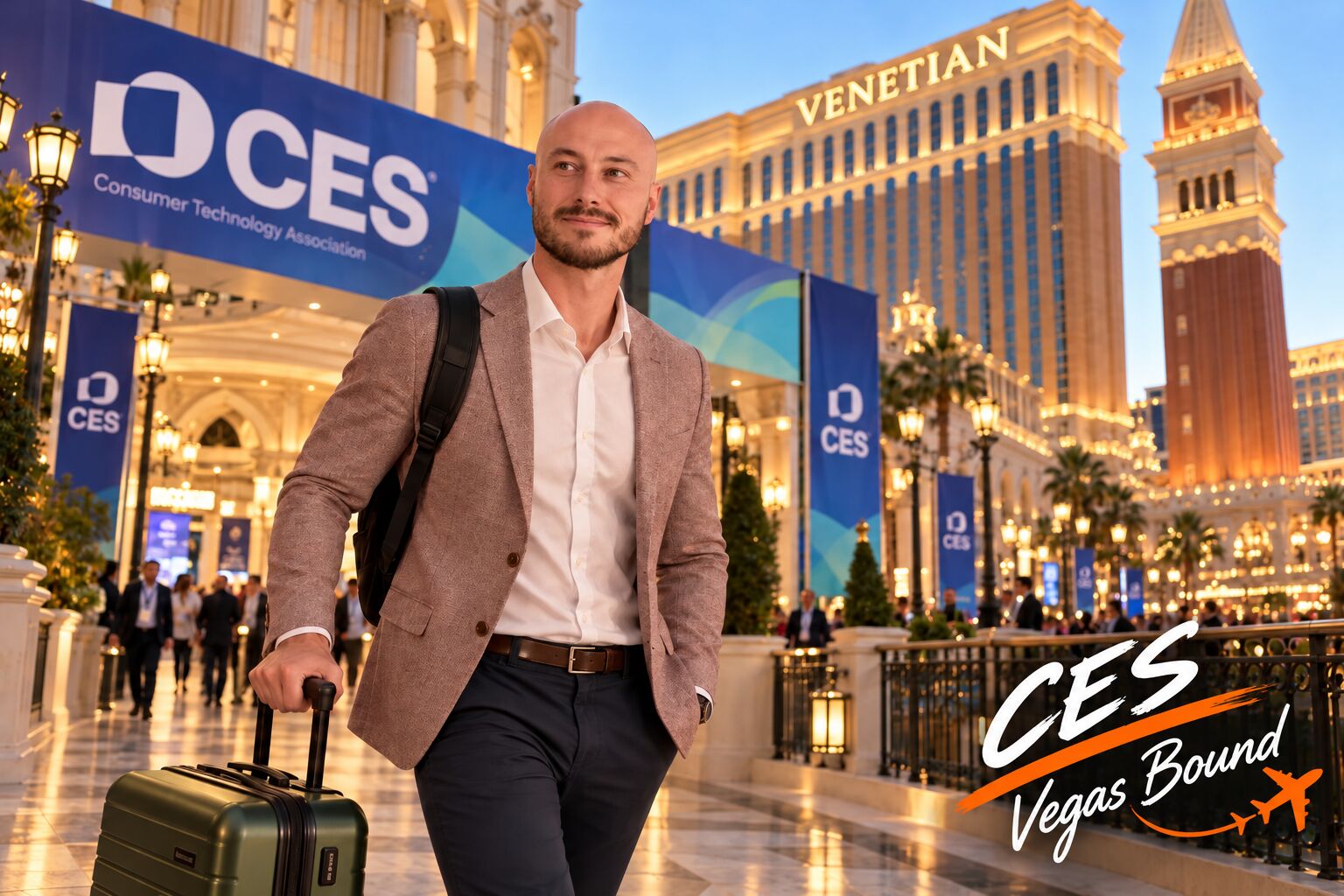 Dan Haynes of haynes lab outside the Venetian in Las Vegas with CES banners behind him