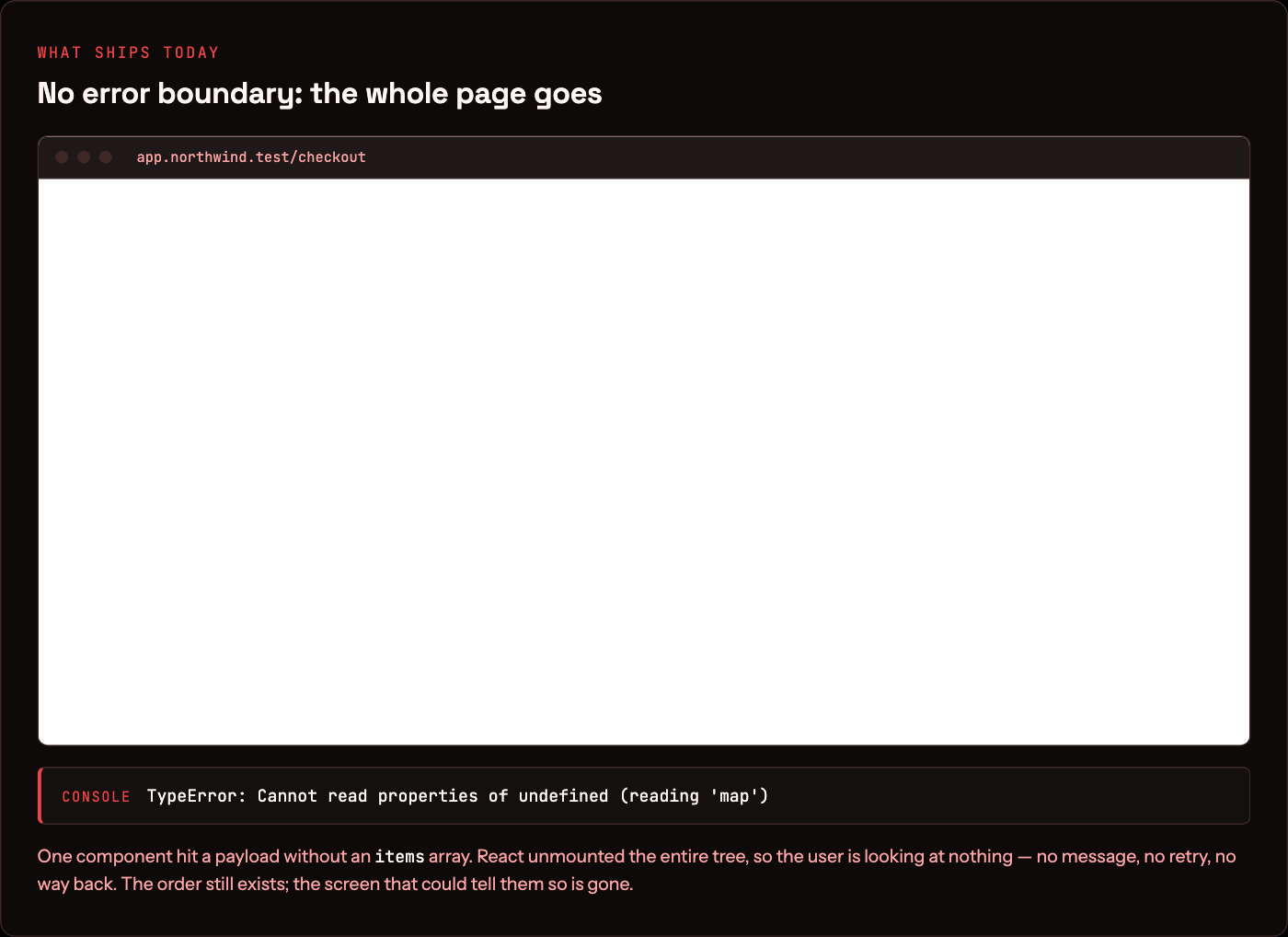 A checkout page rendered completely blank after an unhandled TypeError, with the browser console reading: TypeError: Cannot read properties of undefined (reading 'map')
